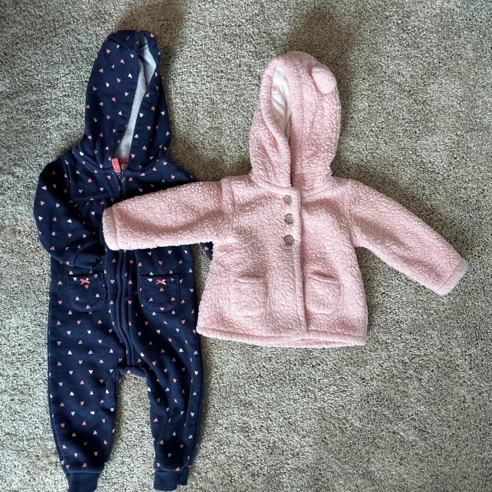 Carters baby girl pink fuzzy coat jacket and warm fleece hooded jumpsuit size 9M